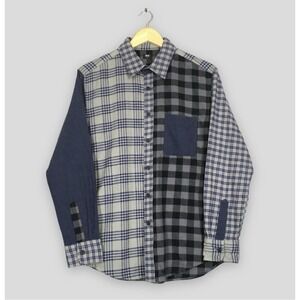 Uniqlo Men's Patchwork Plaid Flannel Long Sleeve Shirt Blue Grey Sz L Casual